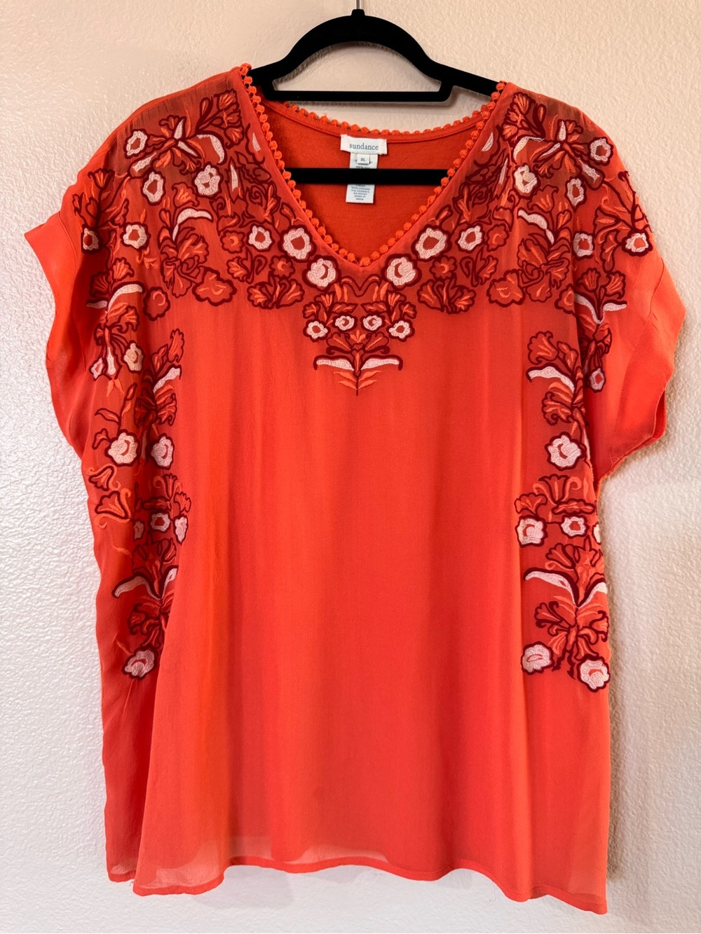 Sundance Silk Embroidered Top Burnt Orange Floral Sz XL
